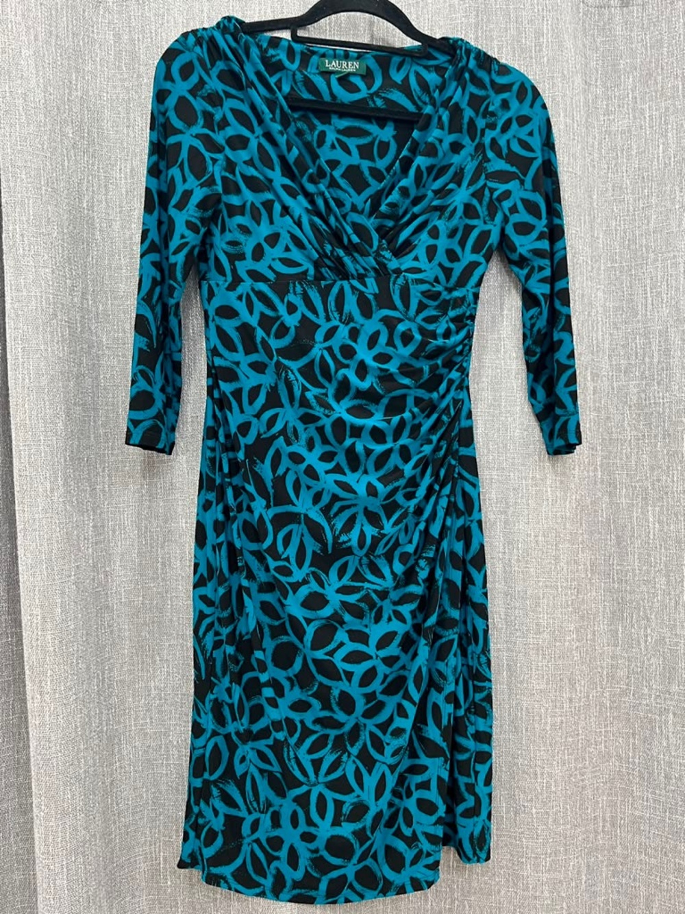 Lauren Ralph Lauren Teal and Black Patterned Wrap-Style Midi Dress